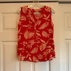 Loft Women’s Blouse Shirt Half Button Down Peplum Leaf Pattern Red Orange Small